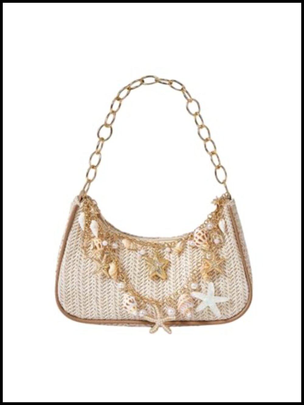 Boho Beach Straw Purse with Seashells, Chain Strap, Zipper, Hobo Style
